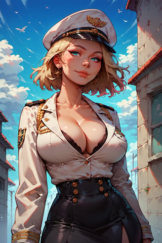 score_9, score_8_up, score_7_up, 1girl, solo. white military uniform, black skirt, military cap, long sleeves. cleavage, bra peek, large breasts. blue sky background.

N1cp1k,