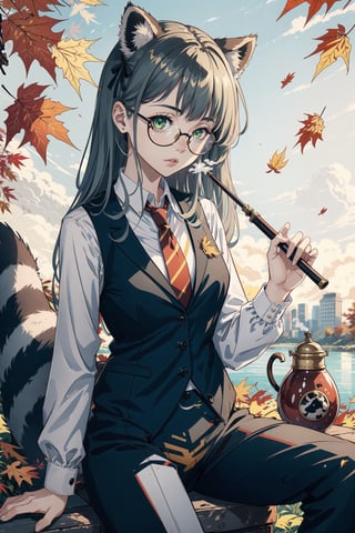 1girl ,animal ears, autumn leaves, extra ears, glasses, green eyes, grey hair, kiseru, long hair, looking at viewer, necktie,pants , raccoon ears, raccoon girl, raccoon tail, shirt, smoking pipe, solo, tail, vest