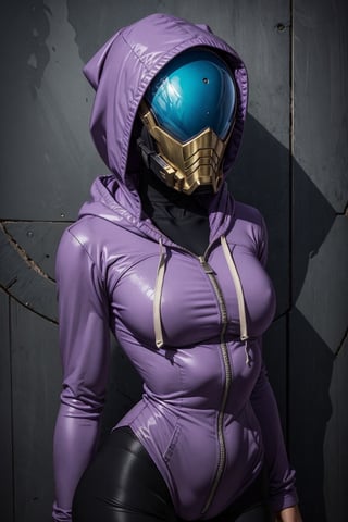 tali, 1girl, solo, hood, purple bodysuit, mask, (helmet, faceless:1.2), hood up, alien,