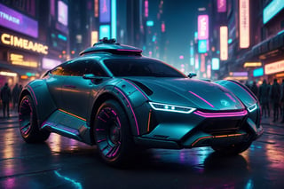 cinematic film still an futuristic cyberpunk,   space car, tech livery, cyberpunk city, night City, City square, depth of field, highly detailed, high budget, bokeh, cinemascope, moody, epic, gorgeous, 4k, hdr, smooth, sharp focus, high resolution,