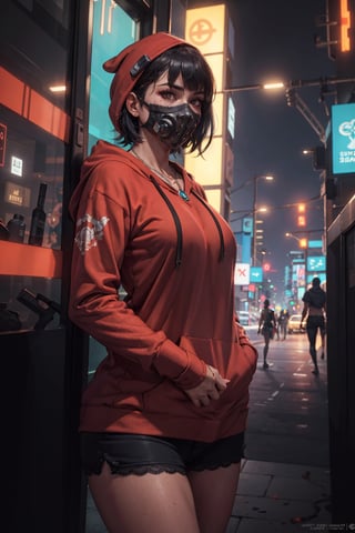 (octane render, best quality, sharp focus, 8k, 4k:1.3), Masterpiece, Best Quality, (skin texture, realistic skin, extremely detailed, intricate, hyper detailed), portrait, sharp detailed, beautiful woman, athletic body, random black hair, blunt bangs, ((sub zero mask, futuristic warrior girl)), (lace, cyberpunk clothes, red hoodie long coat, red hoodie, hoodie on head), silver necklace, cyberpunk city at night, (solo)