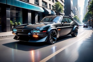 A futuristic hi-tech Car inspired by, Ford Capri, Star Trek-inspired, LED, ((Twin headlights)), Shiny Black,  ((Black wheels)),
on the road in city area background, at Midday time, Front Side view, symmetrical, 