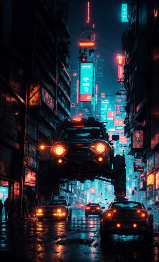 Create the hyperrealistic image of a futuristic car that flies over an immense cybercity at night. The vehicle's headlights produce flares and halos in the camera lens, (cyberpunk style, perfect lighting, shadows, sharp focus, 8k high definition, insanely detailed, masterpiece, hiper-realistic, highest quality, intricate details),Cyberpunk, Detailed, Realism,IMGFIX,cyberpunk style,cyberpunk,insane details ,high details,more detail XL,More Detail,ff8bg,Add more detail,Lens flare,no humans,mysticlightKA