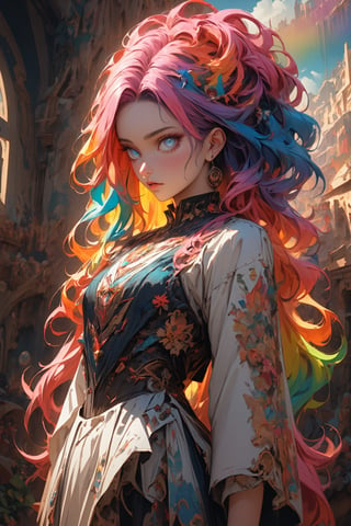 ultra Realistict, sole_female, ornaments. Detailed hairstyle, amazingly intricately hair, flame like hair, narrow waist, large hip, colorful hair, hair decorated with delicate beads, aesthetic, Beautiful Blue eyes, Rainbow haired girl, realistic shadow, mythical background, cowboy shot,th3m¢