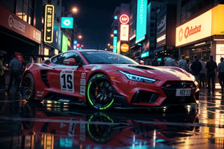 Super car, wide body kit, modified car, racing livery, rainingmasterpiece, best quality, realistic, ultra highres, depth of field,(full dual colour neon lights:1.2), (hard dual colour lighting), (detailed background), (masterpiece:1.2), (ultra detailed), (best quality), intricate, comprehensive cinematic, magical photography, (gradients), colorful, detailed landscape, visual key,