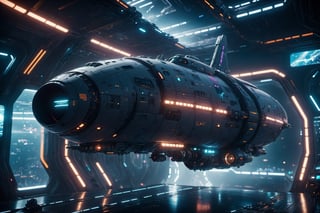 cinematic film still an futuristic space station, battle spaceship, cyberpunk livery, night, depth of field, highly detailed, high budget, bokeh, cinemascope, moody, epic, gorgeous, 4k, hdr, smooth, sharp focus, high resolution,