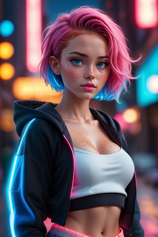 masterpiece, high_resolution, best quality, 
1girl, solo, cowboy_shot , perfect body, lava hair color, short hairstyle, light blue eyes, (fare skin, freckles, pink lip, hair highlights:1.2), midriff, | (neon hair:1.2), dark blue hoodie, futuristic city lights, buildings, urban scenery, neon lights | bokeh, depth of field, ((underboob))