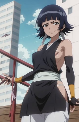 ( anime screencap:1.3),outdoors, 
1girl, solo, black hair, sideboob,standing, short hair with long locks, hip vent, short hair, large breasts, Breasts out, nipples, huge hips, (brown eyes:1.1), black hakama, no bra, gloves, hakama skirt,low twin braids,sash,cowboy shot, facing viewer, looking at viewer, smirk,from below, High detailed 