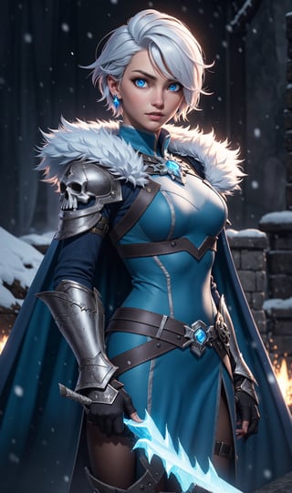 1girl, cowboy shot, wowdk, glowing blue eyes, skull armor, fur trim, pauldrons, torn cape, short white hair, blue fire, snow, ice, night, citadel, athletic, volumetric lighting, best quality, masterpiece, detailed eyes, detailed face, HDR, ultra resolution 