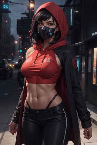 (octane render, best quality, sharp focus, 8k, 4k:1.3), Masterpiece, Best Quality, (skin texture, realistic skin, extremely detailed, intricate, hyper detailed), portrait, sharp detailed, beautiful woman, athletic body, random black hair, blunt bangs, ((sub zero mask, futuristic warrior girl)), (futuristic clothes, red hoodie long coat), (red hoodie, hoodie on head), (open coat, white croptop:1.2), black pants, apocalypse forest at night, (solo)