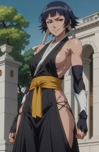 ( anime screencap:1.3),outdoors, 
1girl, solo, black hair, sideboob,standing, short hair with long locks, hip vent, short hair, large breasts, huge hips, (brown eyes:1.1),black hakama, no bra, gloves, hakama skirt,low twin braids,sash,cowboy shot, facing viewer, looking at viewer, smirk,from below, High detailed 