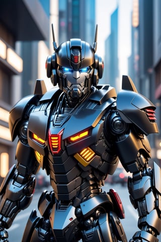 Angry transformer mecha robo soldier character,black armor, anthropomorphic figure, wearing futuristic soldier armor and weapons, reflection mapping, realistic figure, hyperdetailed, cinematic lighting photography, 32k uhd,