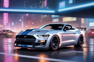 Cyberpunk, neon lights, super car, mustang gt500, silver car, blue race strips, night, detailed background

masterpiece, best quality, ultra-detailed, very aesthetic, illustration, perfect composition, intricate details, absurdres, no humans,