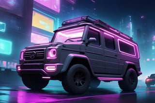 Cyberpunk, neon lights, g wagon, cyberpunk truck, night, detailed background

masterpiece, best quality, ultra-detailed, very aesthetic, illustration, perfect composition, intricate details, absurdres, no humans,