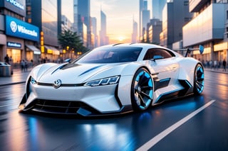 A futuristic hi-tech Super Car inspired by vw, Cyberpunk-inspired Super Car, Blue and White, (Black wheels),
on the road in city area background, at sunset time, front view, symmetrical, 