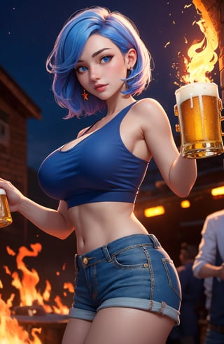 (Masterpiece:1.2), (high quality:1.2), (detailed:1.3) 1girl, beautiful face, large_breasts, crop_top, short short, multiple colour hair, blue eyes, night club, happy, drunk, beer, fire show, ( cowboy shot:1.1 ), High detailed 