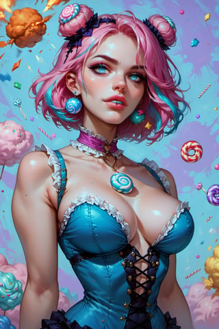 score_9, score_8_up, score_7_up, score_6_up, vtuber, full lip, Beautiful blue eyes, asymmetric bangs, narrow waist, large curvy hip, candy Fashion, colorful clothes, abstract explosion, blue|purple|cyan|pink, Gothic Style, detailed background, candy land background