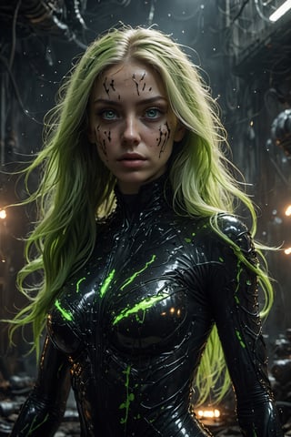 Mutated_face, symbiote, Biopunk, mutant. Green eyes, lime green long hair, liquid hair. black liquid dress. ruins tech, spaceship. cinematic, particles, ethereal glow, atmosphere, volumetric lighting. sharp eyes, full body, portrait ,p0pp3r 