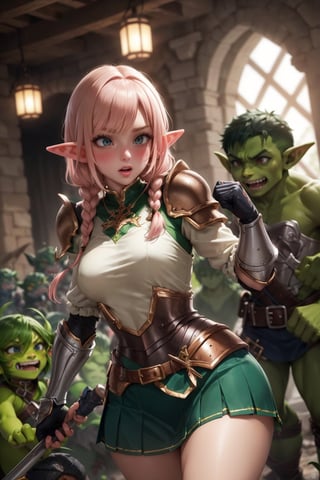 masterpiece,best quality,ultra-detailed,High detailed, blush,(elf), pink blonde hair, braids, Armor, mini skirt, (surrounded by goblins, green Goblins, goblins)