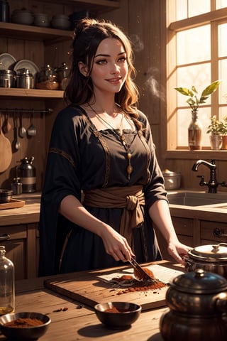 best quality, masterpiece,  1girl, portrait,solo, detailed background, detailed face, (evil:0.7) smile,  charlatan, wearing (black:0.7) simple peasant clothes, armbands, indoors, cluttered dirty kitchen,  small pouches, potions, spices, herbs, emanating natural magic, casting spell, (green:0.7) magic fumes, glowing runes, floating particles,  whispers of ancient incantations, mystical chants, elemental harmony, golden hour, 