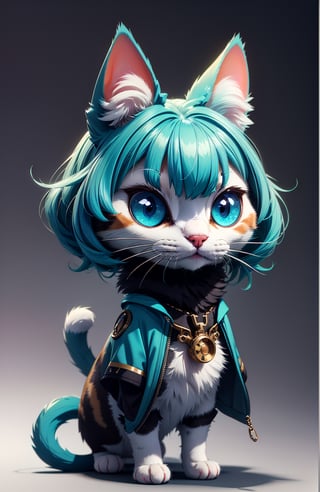 3d render of a game character, cat, cute small cat, (chibi:1.1) anthropomorphic cat, crown, teal, fluffy, cg, colonial suit, unity render, cat eyes, large eyes, blender, octane render, hyper detail, hyper focus, simple background, gradient background, high performance, high poly count, extreme quality, uhd, 8k, aaa, (neon highlights), steampunk
