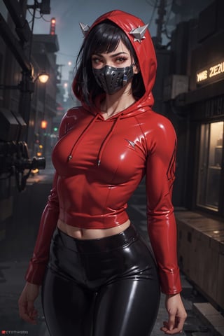 (octane render, best quality, sharp focus, 8k, 4k:1.3), Masterpiece, Best Quality, (skin texture, realistic skin, extremely detailed, intricate, hyper detailed), portrait, sharp detailed, beautiful woman, athletic body, random black hair, blunt bangs, ((sub zero mask, futuristic warrior girl)), (futuristic clothes, red hoodie long coat, red hoodie, hoodie on head, latex pants), apocalypse forest at night, (solo)