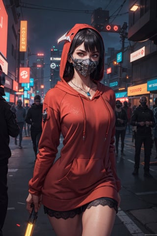 (octane render, best quality, sharp focus, 8k, 4k:1.3), Masterpiece, Best Quality, (skin texture, realistic skin, extremely detailed, intricate, hyper detailed), portrait, sharp detailed, beautiful woman, athletic body, random black hair, blunt bangs, ((sub zero mask, futuristic warrior girl)), (lace, cyberpunk clothes, red hoodie long coat, red hoodie, hoodie on head), silver necklace, cyberpunk city at night, (solo)
