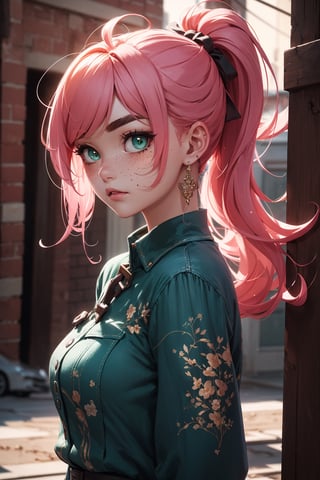 (masterpiece, best quality, highres, high resolution:1.2), extremely detailed, realistic, intricate details, 1girl, solo, looking at viewer, cowboy shot, side-swept bangs, black hair, pink Hair, messy mid ponytail, green eyes, thick eyebrows, freckles, (cinematic lighting, bloom, volumetric)
