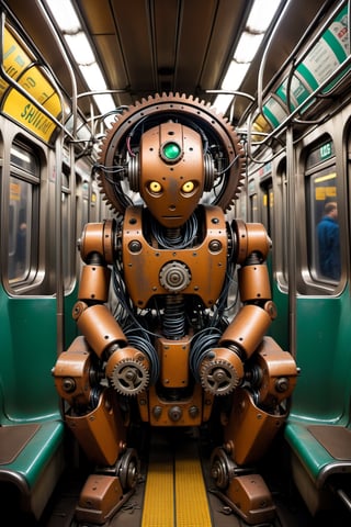 dark aesthetic, sad mechanical robot (gears and wires, rusty commuting in a very crowded subway train during rush hour, stunning photo,monster