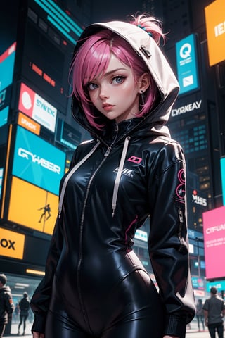 edgNoire,upper body shot,female, woman wearing casual hoodie with logos, sleek designer bodysuit, (cyber leggings:1.1) ,cyberpunk scene