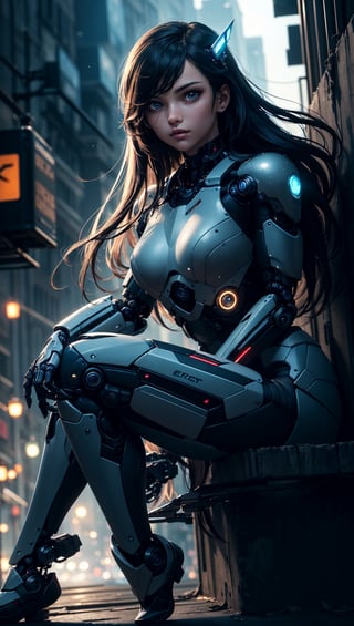 (best quality, masterpiece, colorful, dynamic angle, highest detailed)upper body photo, full body photo, fashion photography of cute  1girl, mechanical arms, cyborg, dark mood, dystopia, glowing, looking at viewer, sitting, long hair, bokeh (intricate details, hyperdetailed:1.15), detailed, light passing through hair, (official art, extreme detailed, highest detailed),