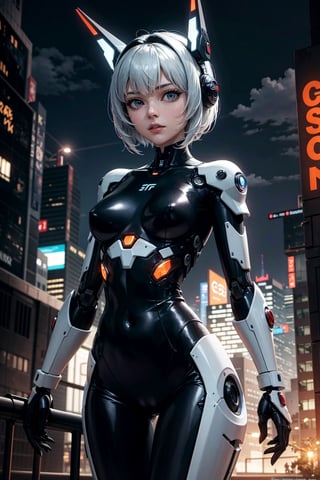 (masterpiece), science fiction, scenery,  1girl, short hair, bangs, multiple color hair, mecha headgear, sci-fi bodysuits, cybernetic, cyber City, night time, crime scene