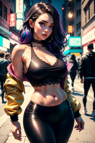 A woman, rainbow hair, cute girl, cute face, Caucasian, neon eyes, shiny jacket, detailed face, badass, twenty years old, athletic body, brunette, black tank top, lace trim, leggings, skin-tight dress, looking at camera, toned body, fit, punk, streets, shiny ground, night, colorful neon background, hip cocked, fit midriff exposed, large round tits, side boobs cut, huge hip, demure, low cut, black lace trim, detailed skin, soft lighting, subsurface scattering, heavy shadow, masterpiece, best quality, 8k, golden ratio, Intricate, High Detail, ((sharp focus, detailed skin texture)), (blush:0.2), (goosebumps:0.3), subsurface scattering