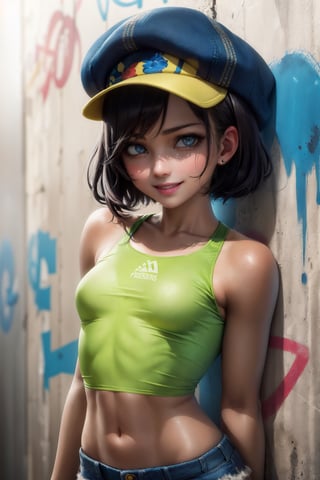 (masterpiece), (best quality), (HDR), intricate detail, 
1girl, bare_shoulders, smile, tan skin, athletic body, black hair, colour highlights, short hair, (sharp eyes, blue eyes, detailed eyes:1.2), pop dress, croptop, short shorts, midriff, hiphop cap, portrait, upper body, graffiti wall background,