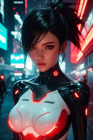 masterpiece, red eyes, light (red light:1.3), 1girl, beautiful face, skindentation, detailed black hair, pixie hair, perky Breasts, glowing light, futuristic, cyberpunk bodysuit, upper body, skinny waist, large hip, futuristic city, ultra realistic,