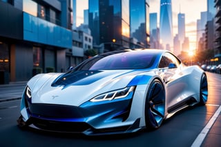 A futuristic hi-tech Super Car inspired by Tesla, Cyberpunk-inspired Super Car, Blue and White, (Black wheels),
on the road in city area background, at sunset time, front view, symmetrical, 
