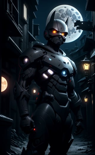 absurdres, 1boy, (at night:1.4), dark alley, moon, grey (android (batman:0.8)) in (matte black hardsuit:1.2), military, roughed up, mechanical arms, city fog, (glowing white eyes) 