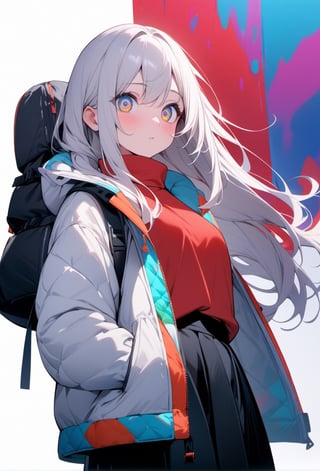 masterpiece, best quality, very aesthetic, absurdres, vibrant colours, 1girl, solo, red t-shirt, winter jacket, white jacket, black skirt, climbing bag, long hair, white hair, red hair underneath, detailed eyes, white background, abstract_background 