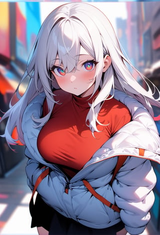 masterpiece, best quality, very aesthetic, absurdres, vibrant colours, 1girl, solo, red t-shirt, winter jacket, white jacket, black skirt, climbing bag, long hair, white hair, red hair underneath, detailed eyes, large breasts, white background, abstract_background 