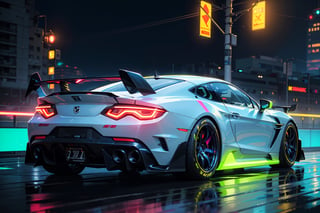 (digital artwork), Super car, wide body kit, modified car, racing livery, rainingmasterpiece, best quality, realistic, ultra highres, depth of field,(full dual colour neon lights:1.2), (hard dual colour lighting:1.4), (detailed background), (masterpiece:1.2), (ultra detailed), (best quality), intricate, comprehensive cinematic, magical photography, (gradients), colorful, detailed landscape, visual key,