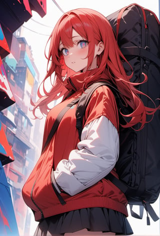 masterpiece, best quality, very aesthetic, absurdres, vibrant colours, 1girl, solo, red t-shirt, winter jacket, white jacket, black skirt, climbing bag, long hair, white hair, red hair underneath, detailed eyes, white background, abstract_background ,KA