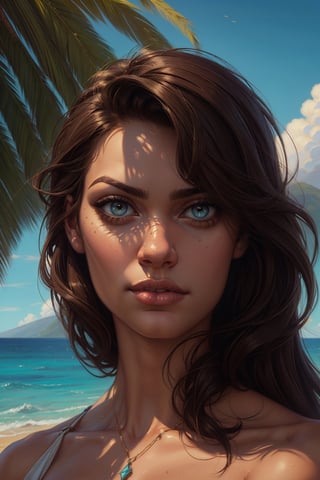 (masterpiece, best quality), highly detailed, a painting of a woman standing on a beach, by Jorge Jacinto, fantasy art, closeup character portrait, rhads and lois van baarle, style of marc simonetti, portrait of zendaya, style of raymond swanland, highly detailed painting, maui, sun drenched, kerem beyit, painterly illustration, brunette, award winning oil painting,
hyperdetailed eyes, perfect face, textured skin, satisfied look, perfect proportions, beautiful body, perfect skin, perfect hands