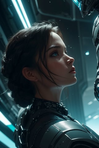 best quality,masterpiece, 1girl, adult  woman,  teal eyes, dark brown braided hairstyle, ombre,   solo, from front, front view, (full body:0.6), looking up, detailed background, detailed face, (scifi,  atlantistech theme:1.1), intense expression,  glass-cyborg, (made of glass:1.1),   glass construct, fighter, crystal armor, dirty glass, mechanical,  reflections,  crater in background, cinematic atmosphere,