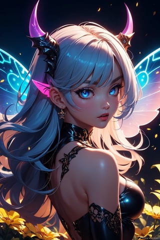 (colorful, highly detailed, pretty:1.25), upper body, sexy lady, looking at viewer, solo, red lips, horns,
fairy, magical being, fantasy, ethereal, black large feathered wings, masterpiece, best quality, realistic, ultra highres, depth of field, (full dual colour neon lighting:1.2), (hard dual colour lighting:1.4), (detailed face:1.2), (detailed eyes:1.2), (detailed background), (masterpiece:1.2), (ultra detailed), (best quality), intricate, comprehensive cinematic, magical photography, (gradients, fractual art:1.4), colorful, detailed landscape, visual key, shiny skin, flower garden, fairy land  background 
