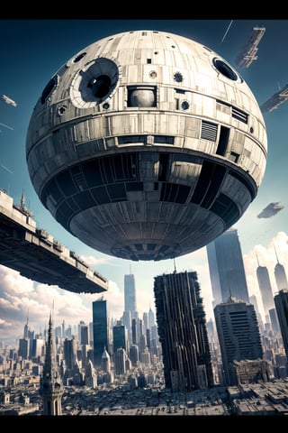 a death star over a city,
(masterpiece), high detail, (best quality), (ultra detailed), (8k, 4k, intricate), (detailed), (high resolution),