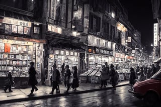 midnight,crowded people's walking, long bricks streets, detailed, many character, old city view, manga, 4K, cafe, restaurant, book store, gifts shop, high details, colorful mixed, ultra high quality, ambulance, energetic, street signs, dark, realistic, festival, clear picture, group, shopping
