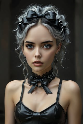 ((extremely realistic photo)), professional photo studio, The image features a beautiful gothic model with black and white hair with bow-type updo made with your own hair on the top back of the head, wearing a black leather choker, stares into the camera, ((ultra sharp focus:1.1)), (realistic textures and skin:1.1), (realistic and perfect gray-color eyes:1.1), ((perfect design of hands and fingers)), aesthetic. masterpiece, pure perfection, high definition ((best quality, masterpiece, detailed)), ultra high resolution, hdr, art, high detail, add more detail, (extreme and intricate details), ((raw photo, 64k:1.37)), ((sharp focus:1.2)), (muted colors, dim colors, soothing tones ), siena natural ratio, ((more detail xl)),more detail XL,detailmaster2,Enhanced All,masterpiece,photo r3al