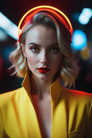 A moody, high-contrast shot of a petite, beautiful white-skinned young European lady dressed in a vibrant yellow jumpsuit, posing with a playful, mischievous Joker-esque vibe. The subject's face is rendered in stunning detail, with bright red eyes that seem to glow with an otherworldly luminosity. Framed by the Iphone X's telephoto lens, the composition is tight and intimate. Neon lights in dark hues illuminate the background, casting a volumetric glow around the subject. The overall aesthetic is one of bold, conceptual whimsy.