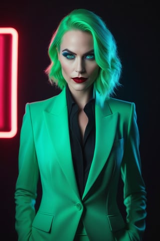 A conceptual photograph of the Joker Lady, a striking white European woman with piercing blue eyes and a luminous complexion, stands confidently amidst a dark hue background. The neon light from her volumetric lighting-infused suit radiates an otherworldly glow, illuminated by the telephoto lens' sharp focus on her detailed face. Her sleek green attire provides a pop of color against the somber backdrop, as she dons a stylish suit with an air of sophistication.