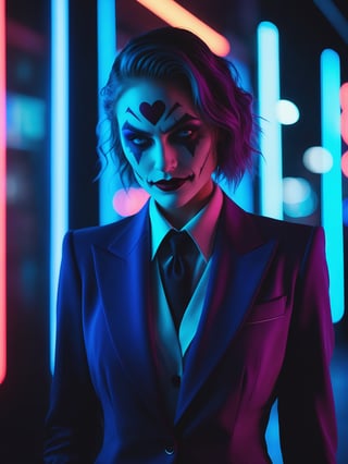 A conceptual Joker lady stands confidently in a dimly lit environment, illuminated by neon lights that cast an eerie glow. Her striking features are captured in sharp focus with the iPhone X's telephoto lens, showcasing detailed skin texture and bright blue eyes that seem to radiate luminosity. She wears a sleek suit, her dark hue attire blending seamlessly with the surrounding shadows.